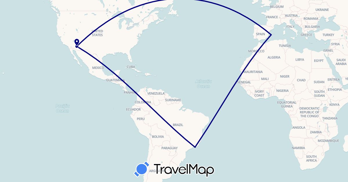 TravelMap itinerary: driving in Brazil, Spain, United States (Europe, North America, South America)